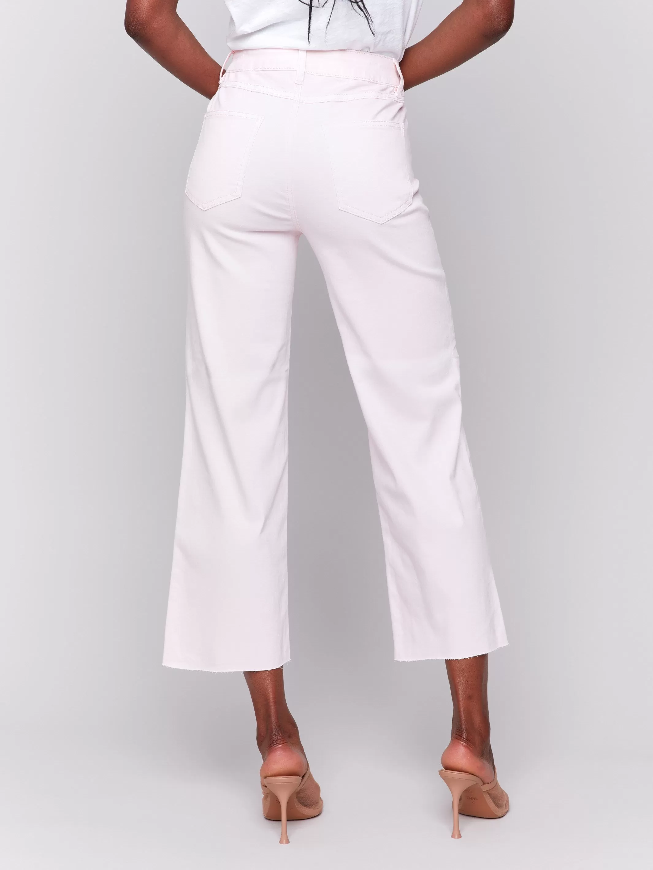 Wide Leg Twill Pants With Raw Edge - Petal